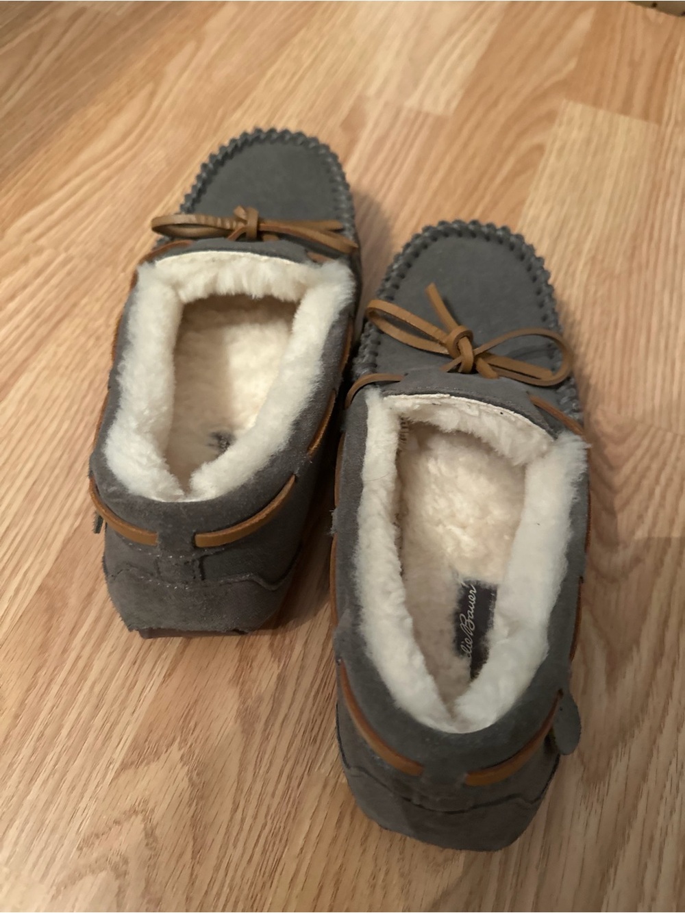 Eddie Bauer Gray Suede Moccasin Slippers with Cream Shearling